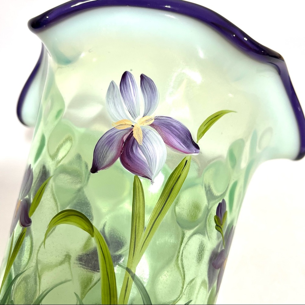 Fenton Desisgner Showcase Series Hand Painted Green Purple Vase Triple Signed - Picture 6 of 17
